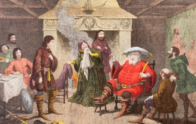 Falstaff enacts the part of the king in Henry IV, Part I, Act II, Scene IV, from 